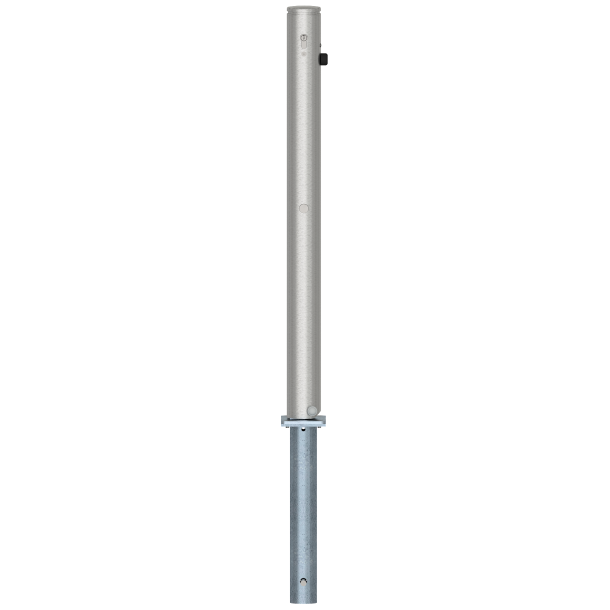 Rustfri st�lstolpe | � 76 mm | med dekorativ ring | sammenklappelig, selvl�sende l�s til indst�bning i beton, med varmgalvaniseret jordfod, varenr. 470.60, ca. 400 mm under jordoverfladen | med Euro-profilcylinderl�s og tre n�gler | uden �je